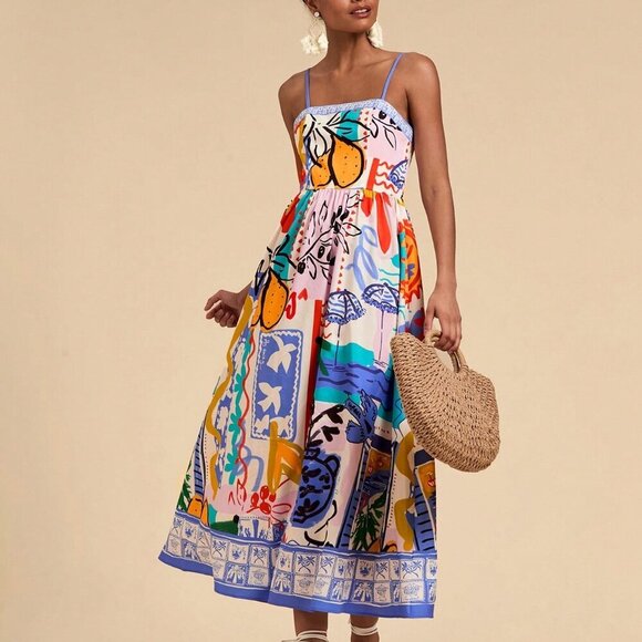 Multicolor Boho Women's Vacation Woven Printed Spaghetti Strap Dress - Picture 5 of 6